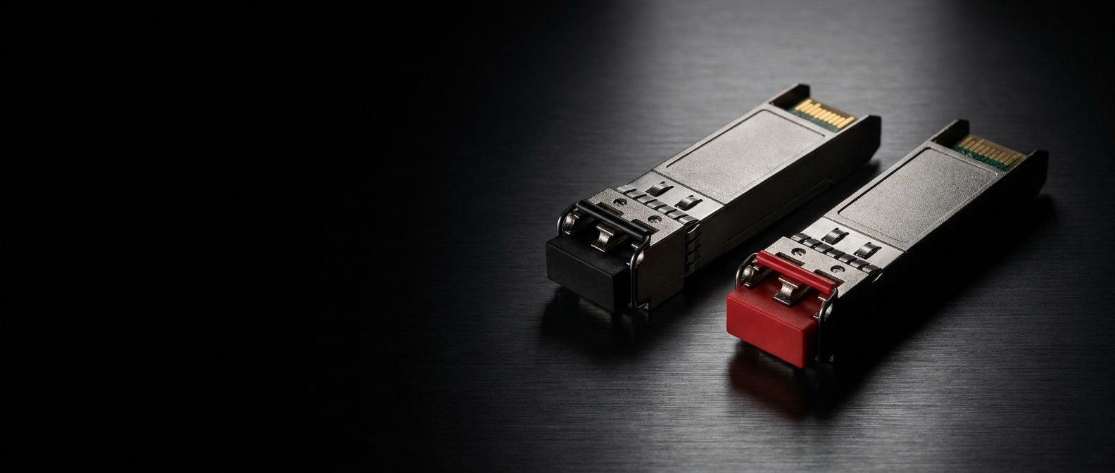 Two SFP28 transceivers side by side, one with a red pull latch