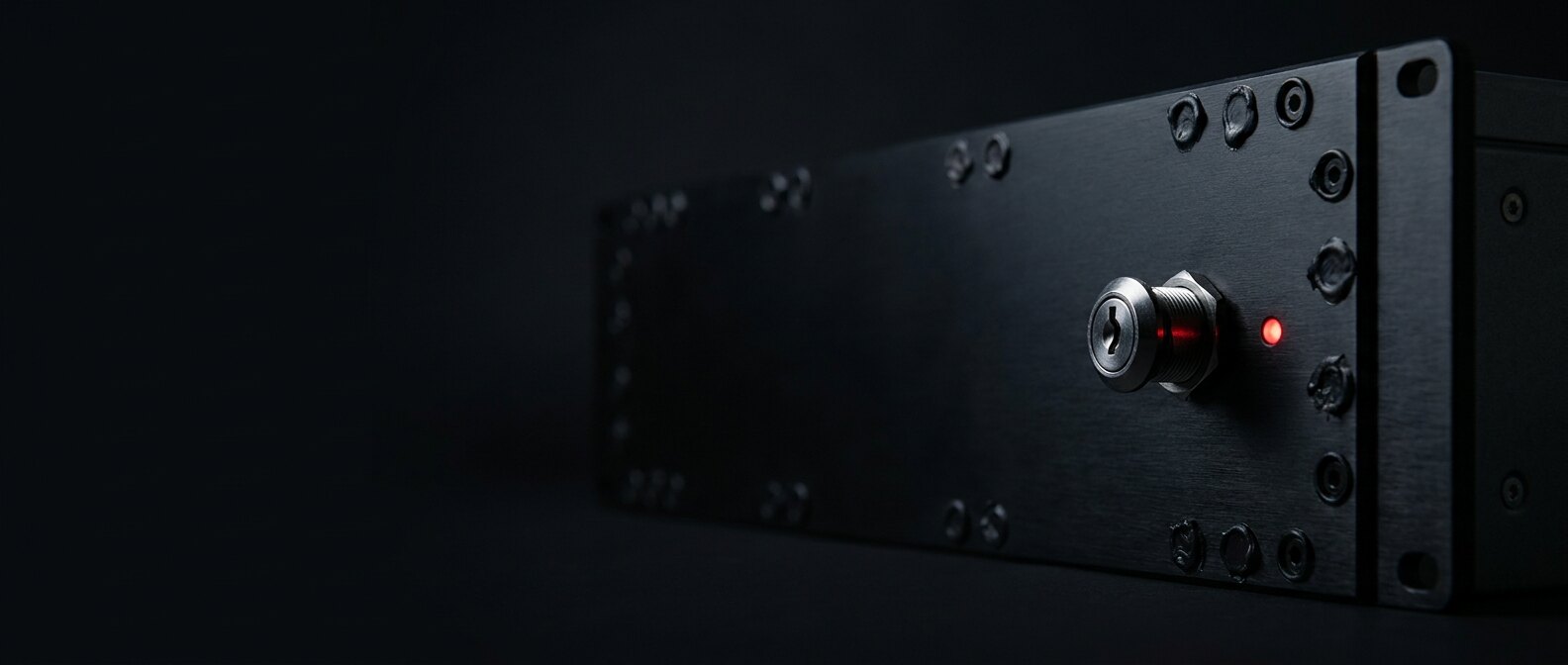 Matte-black hardware security module with an armed key-switch and a single red status indicator
