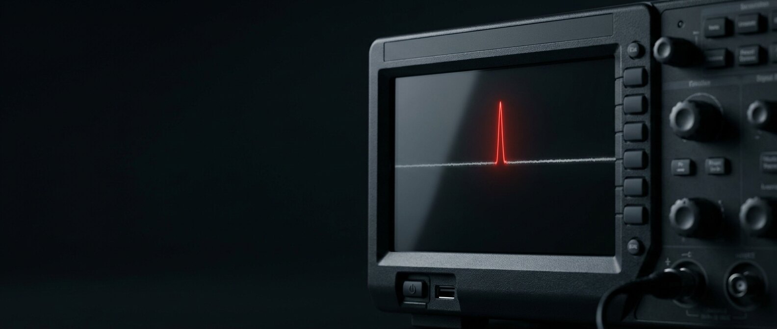 Signal analyzer screen showing a flat baseline with a single sharp anomaly spike glowing red