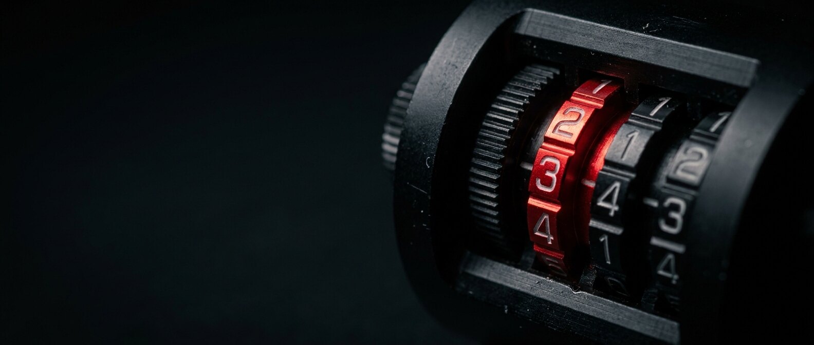 Matte-black mechanical minute meter with a single digit wheel lit in red